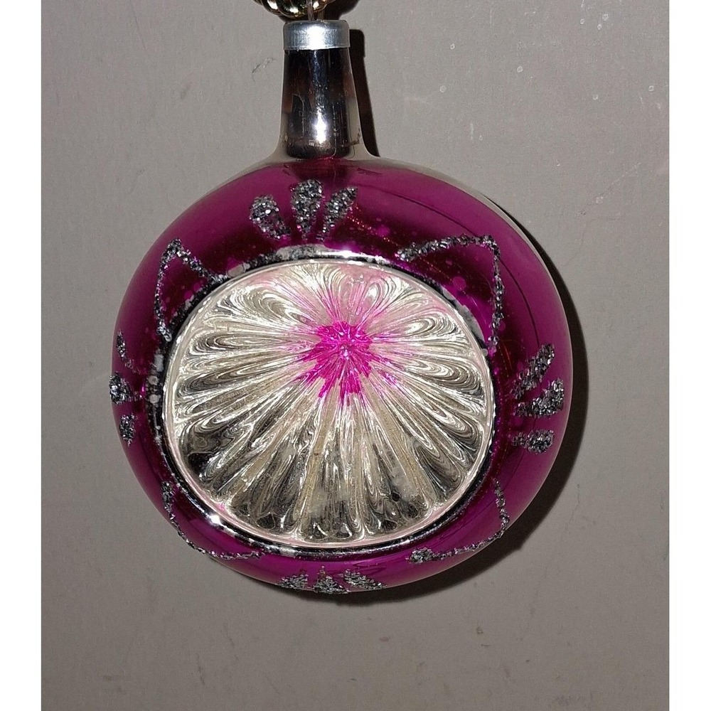 Vintage Made in Austria Indent Reflector Glass Christmas Ornament Pink Silver 3"